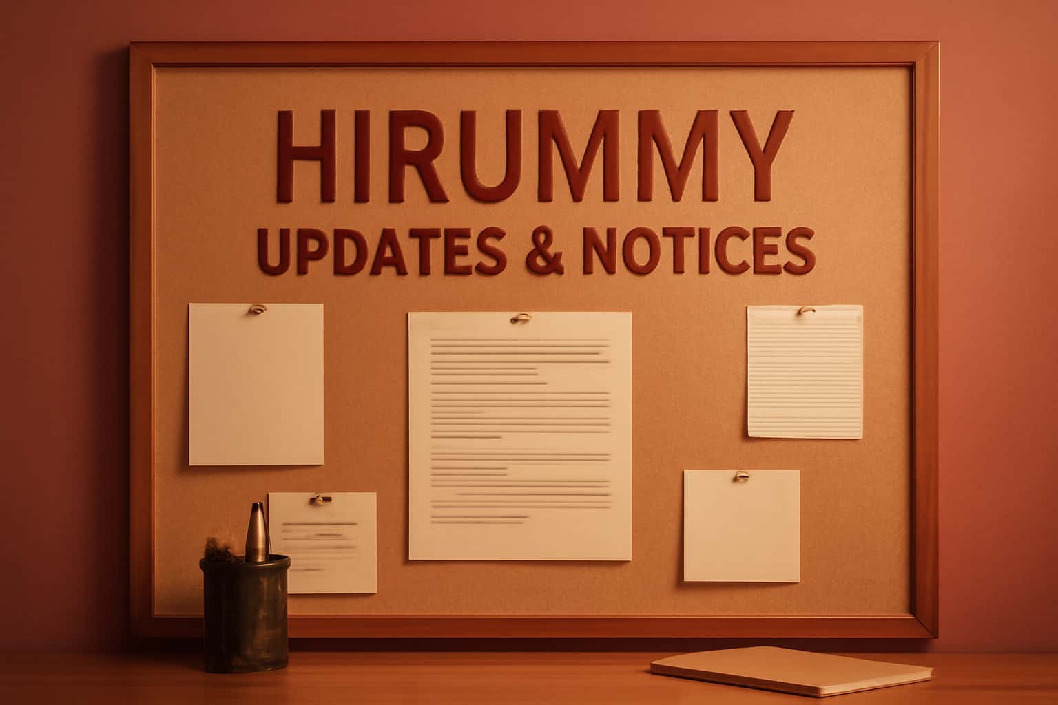 An informational scene depicting the title 'Hirummy Updates & Notices' in a neutral layout.