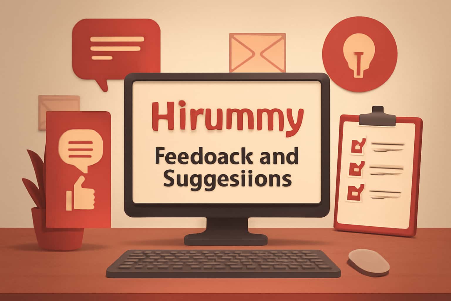 An informational scene showcasing Hirummy Feedback and Suggestions with a high-tech theme.