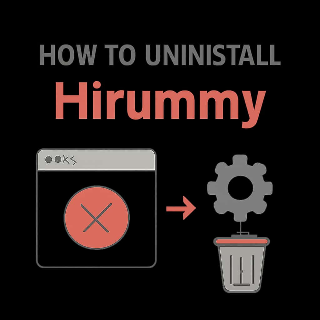 An educational diagram illustrating the steps to uninstall the Hirummy app.