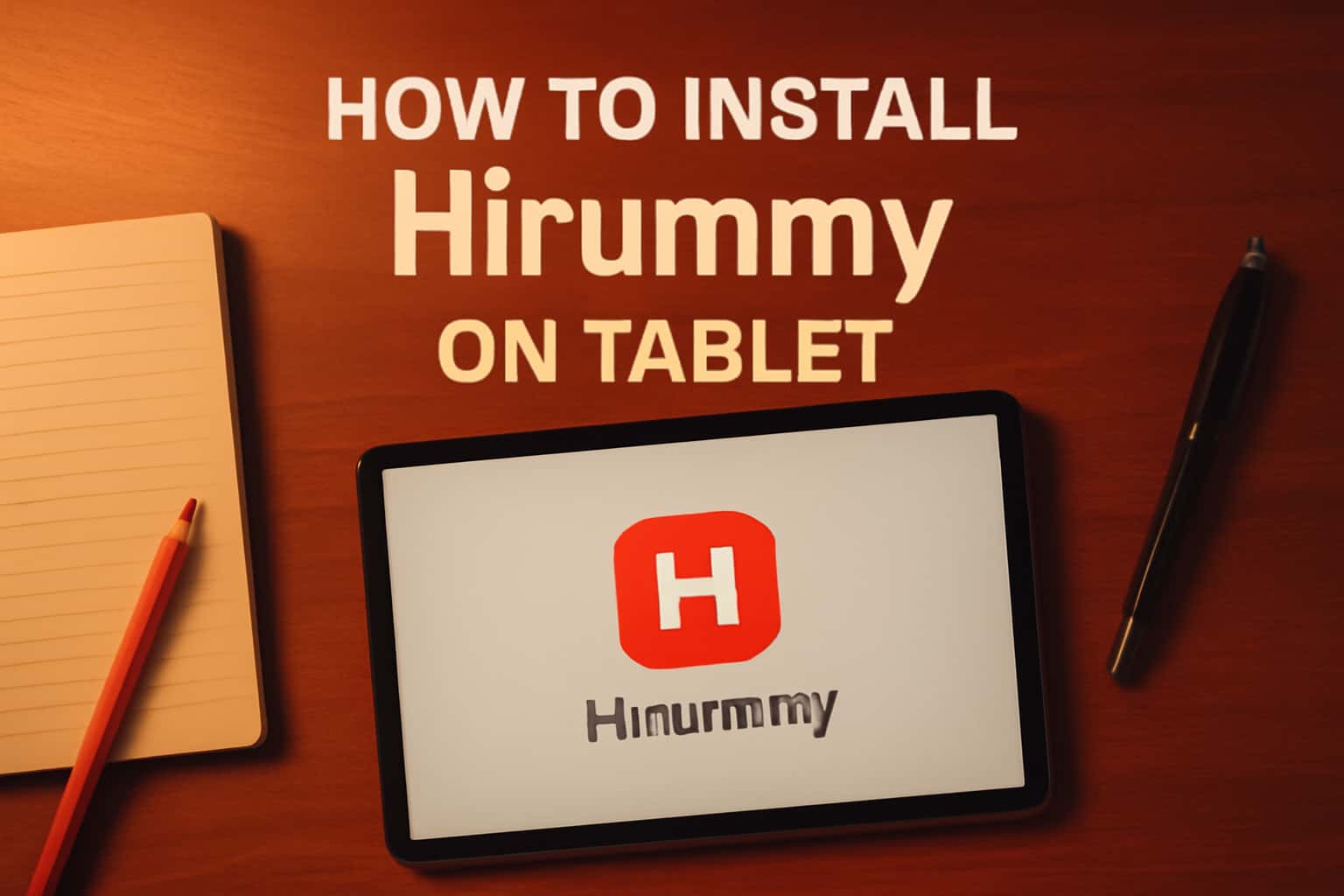 Informational graphic displaying the installation process of Hirummy on a tablet.