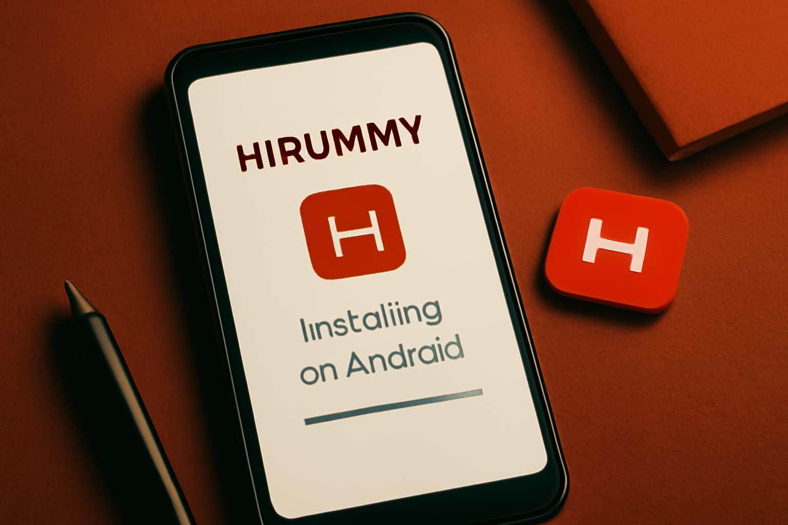 Informational scene depicting the installation process for Hirummy on Android devices.