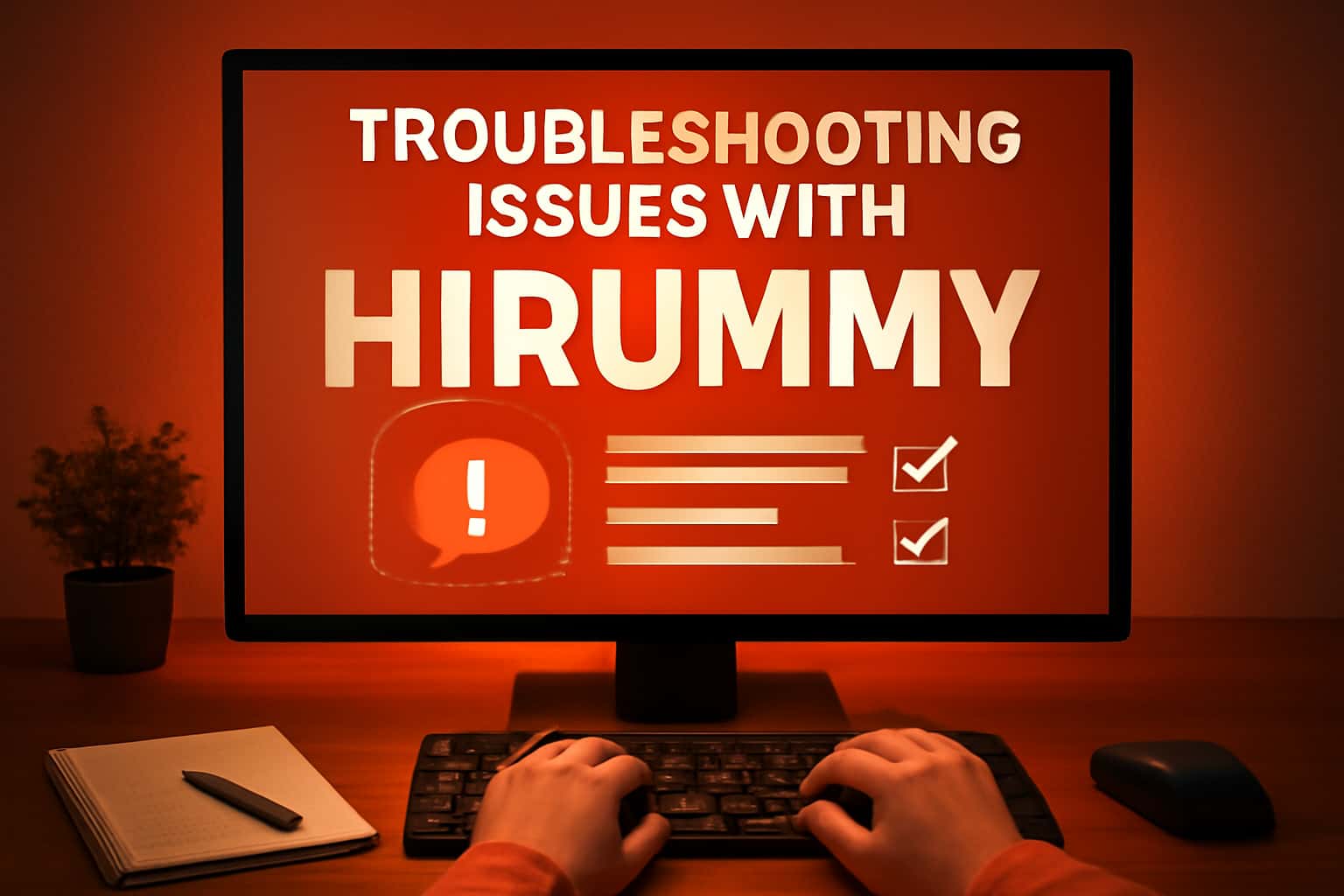 An informative scene depicting troubleshooting aspects of the Hirummy app, with the text 'Troubleshooting Issues with Hirummy' visibly displayed.